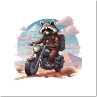 raccoon riding a motorcycle in the desert Posters and Art